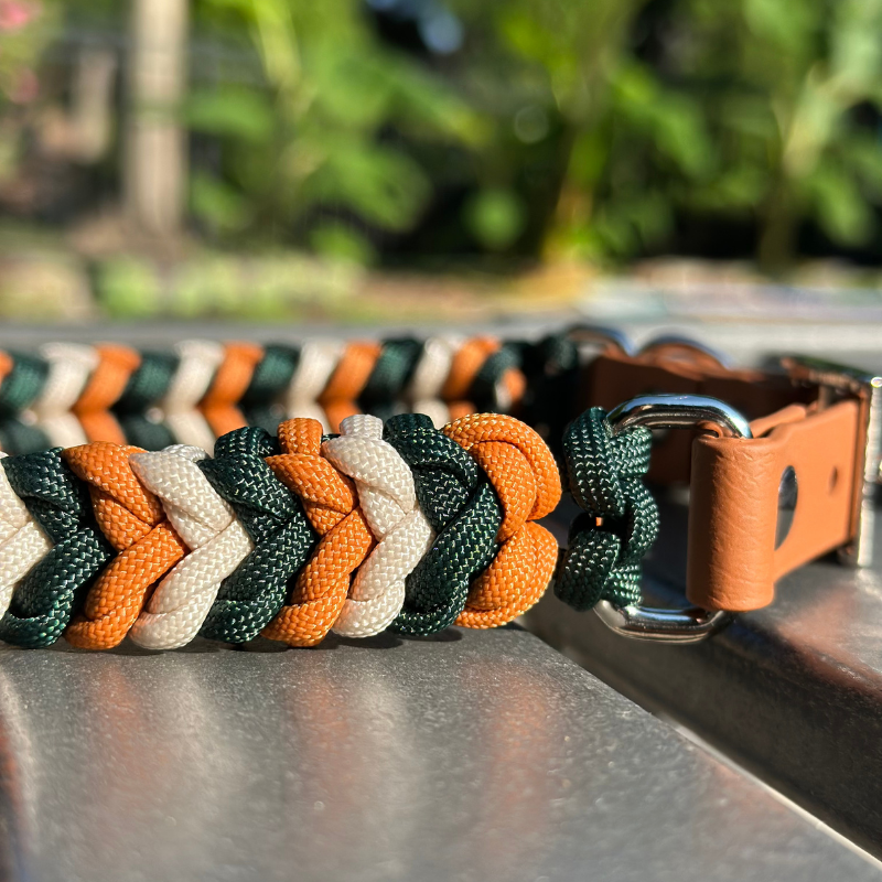 Dog collar with green, dark yellow, and cream braid, and light brown biothane strap