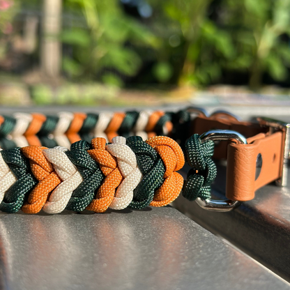 Dog collar with green, dark yellow, and cream braid, and light brown biothane strap