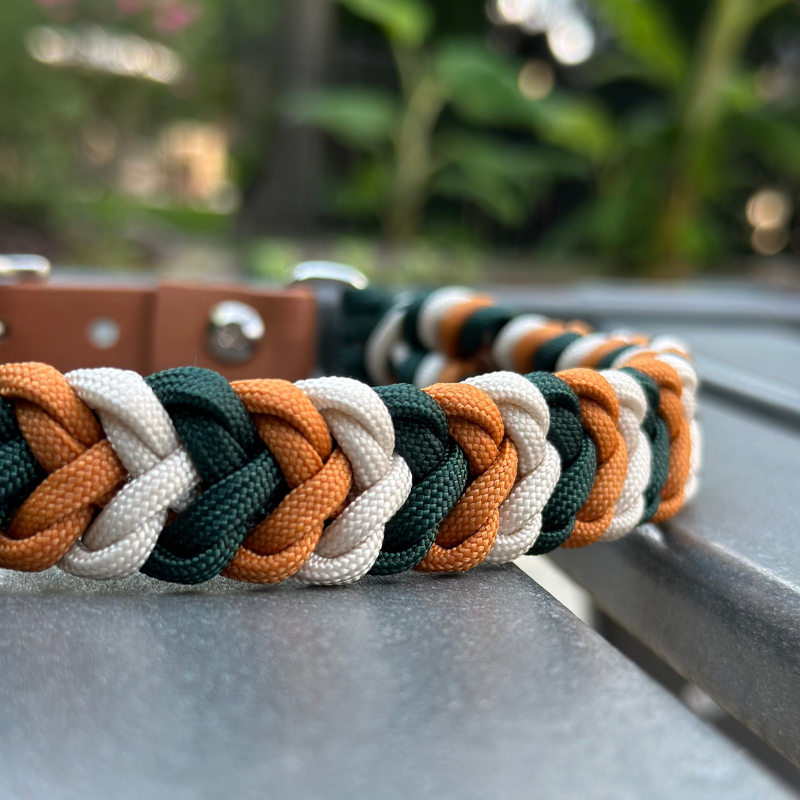 Dog collar with braided design in green, yellow, and white on a metal stand.