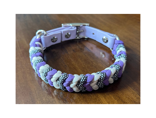 Multicolored braided dog collar on a wooden surface