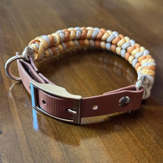 Dog collar with braided design and leather strap on a wooden surface