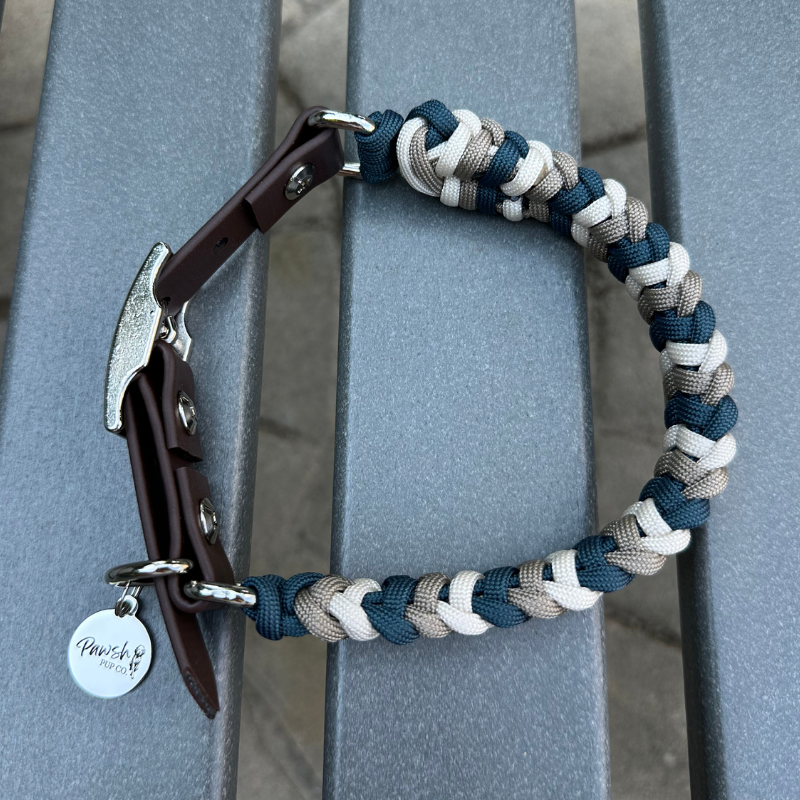 Dog collar with braided design and leather accents on a metal surface