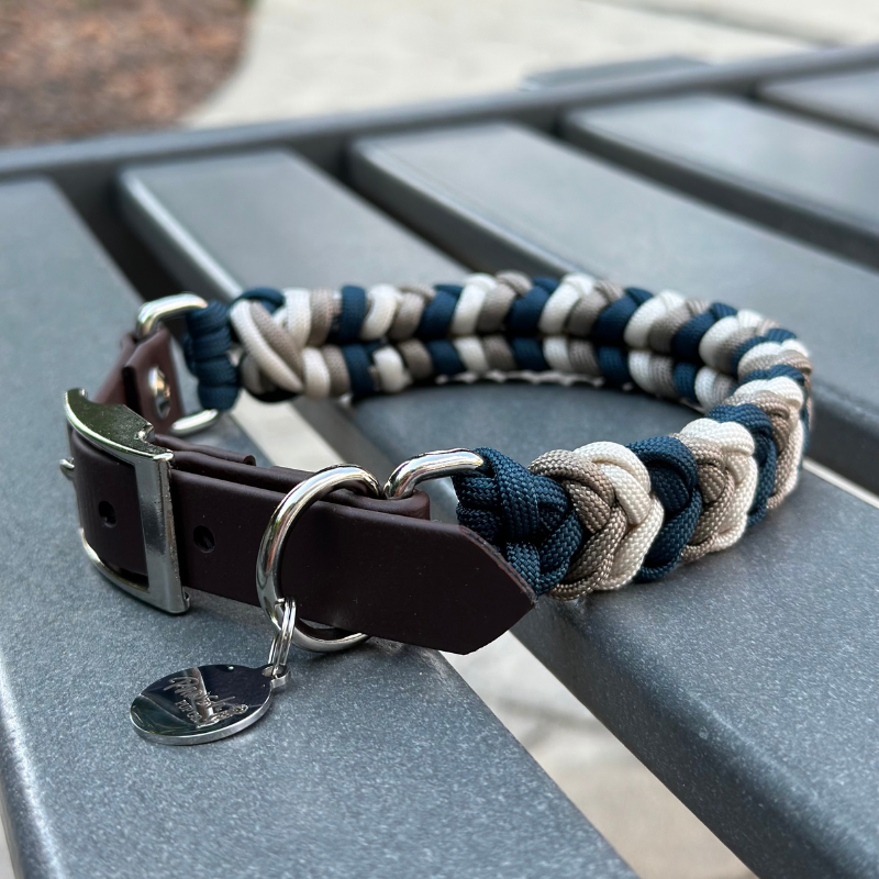 Dog collar with braided design and leather strap on a metal surface