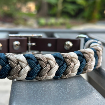 Braided leather dog collar with blue and beige pattern on a metal surface.