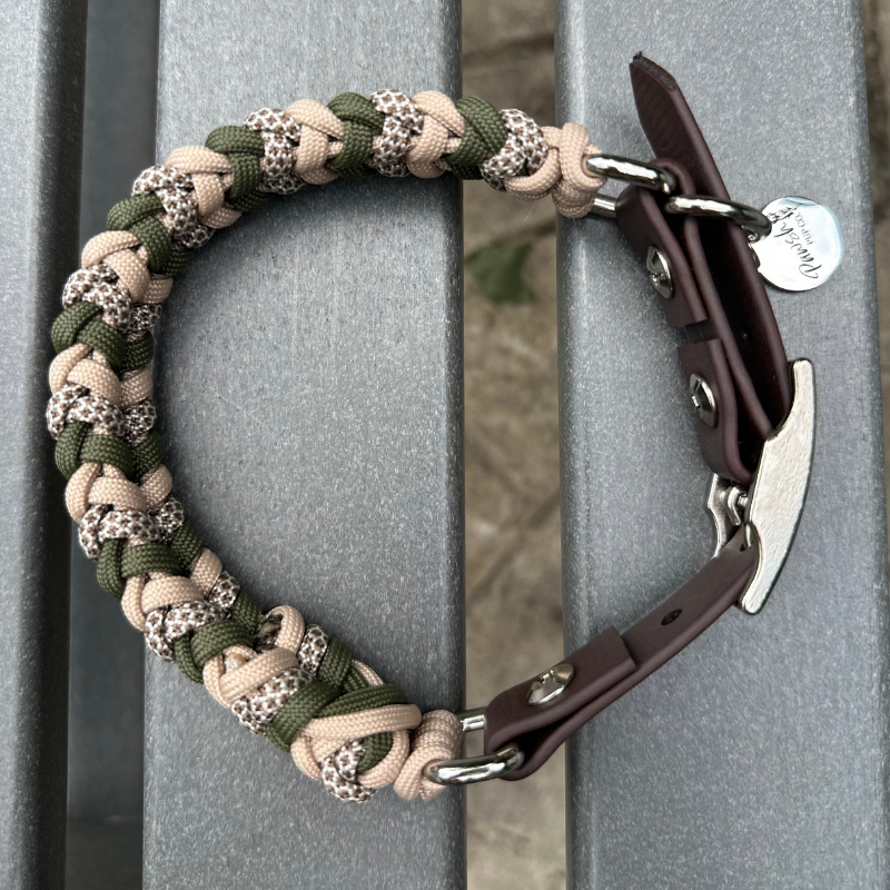 Paracord dog collar in olive green, light tan, & brown with dark brown biothane adapter