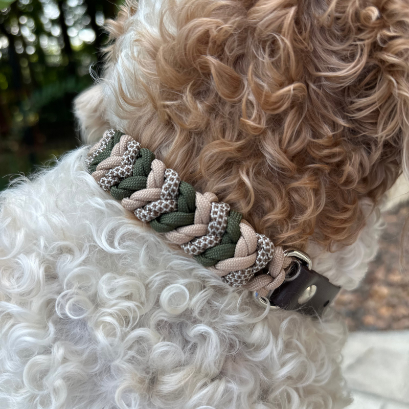 Paracord dog collar in olive green, light tan, & brown with dark brown biothane adapter