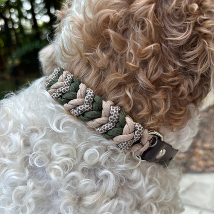 Paracord dog collar in olive green, light tan, & brown with dark brown biothane adapter