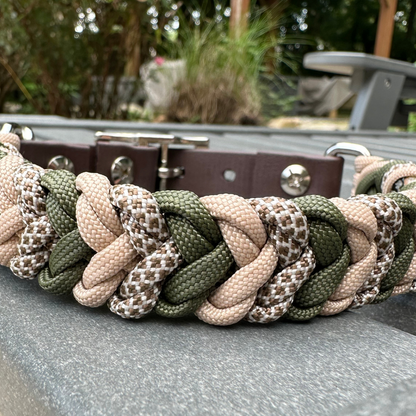 Paracord dog collar in olive green, light tan, & brown with dark brown biothane adapter