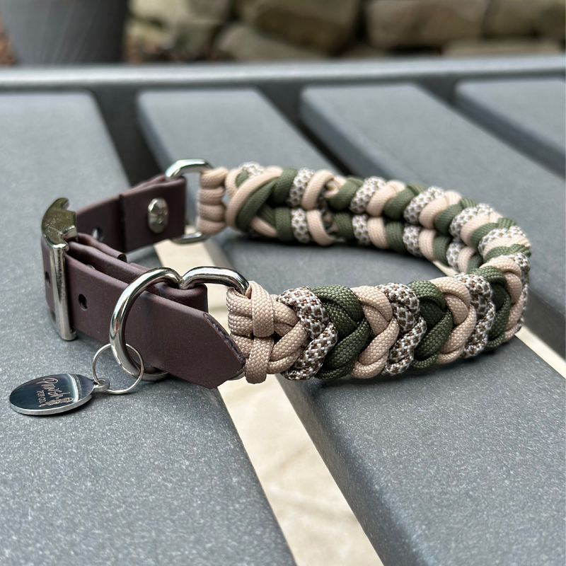 Paracord dog collar in olive green, light tan, & brown with dark brown biothane adapter