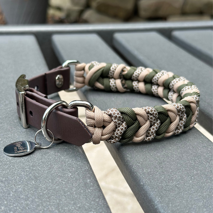 Paracord dog collar in olive green, light tan, & brown with dark brown biothane adapter
