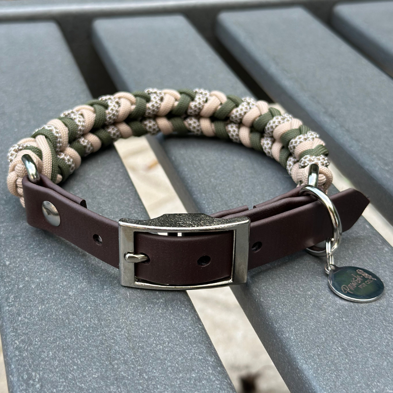 Paracord dog collar in olive green, light tan, & brown with dark brown biothane adapter