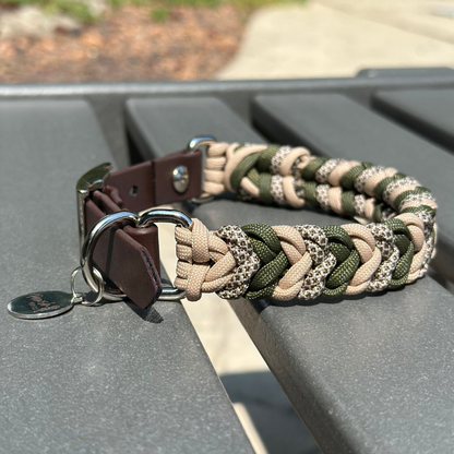Paracord dog collar in olive green, light tan, & brown with dark brown biothane adapter
