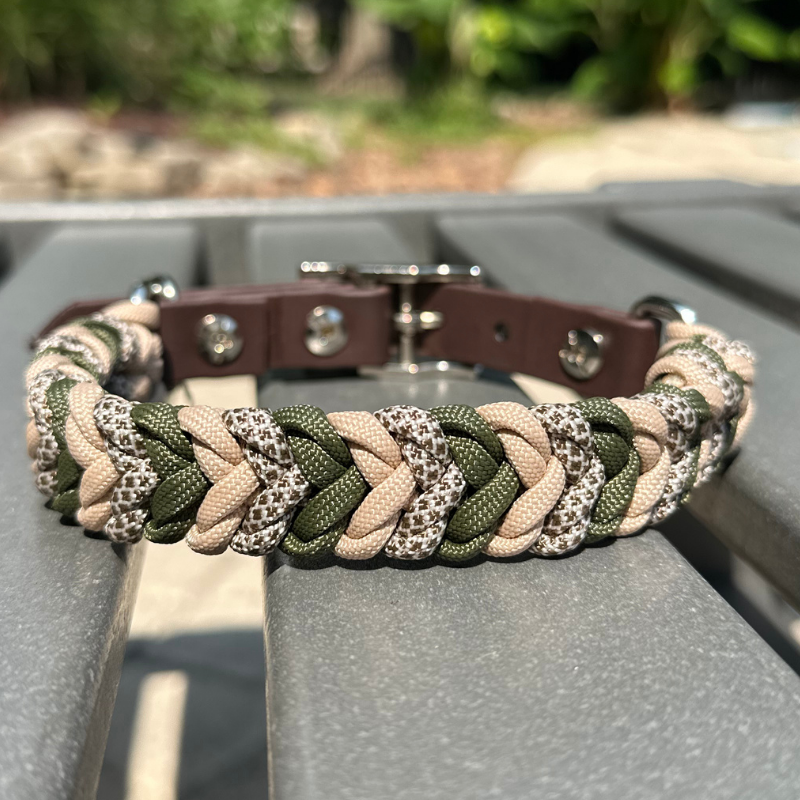 Paracord dog collar in olive green, light tan, & brown with dark brown biothane adapter