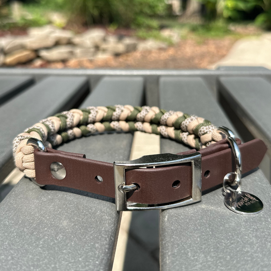 Paracord dog collar in olive green, light tan, & brown with dark brown biothane adapter