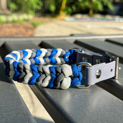Dog Collar woven in royal blue, graphite gray, and white, with a gray adjustable strap with a belt style nickel plated buckle