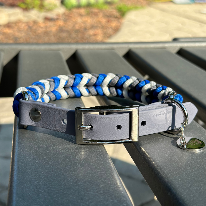 Dog Collar woven in royal blue, graphite gray, and white, with a gray adjustable strap with a belt style nickel plated buckle
