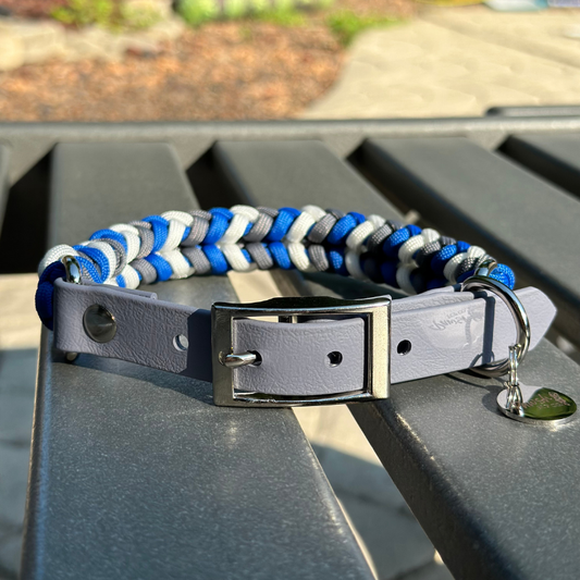 Dog Collar woven in royal blue, graphite gray, and white, with a gray adjustable strap with a belt style nickel plated buckle