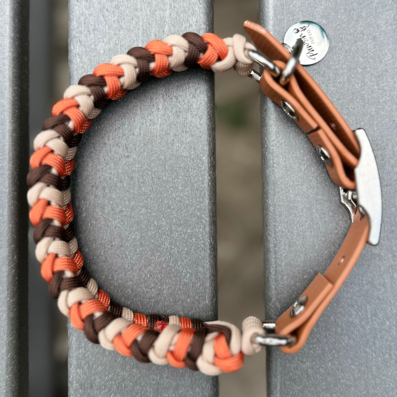 Brown, orange, and cream braided dog collar with light brown biothane strap and silver hardware
