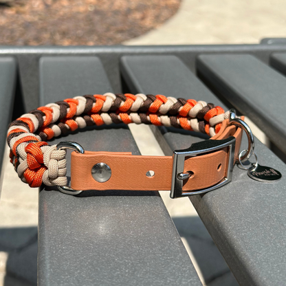 Brown, orange, and cream braided dog collar with light brown biothane strap and silver hardware