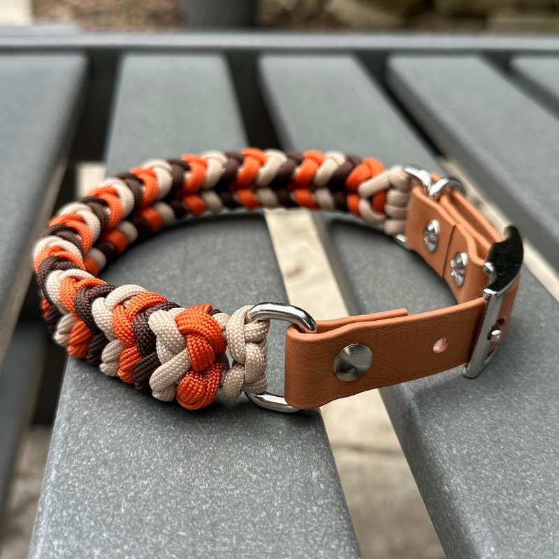 Brown, orange, and cream braided dog collar with light brown biothane strap and silver hardware