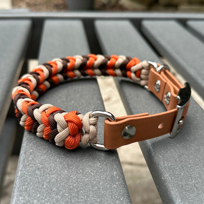 Brown, orange, and cream braided dog collar with light brown biothane strap and silver hardware