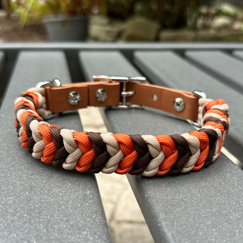 Brown, orange, and cream braided dog collar with light brown biothane strap and silver hardware