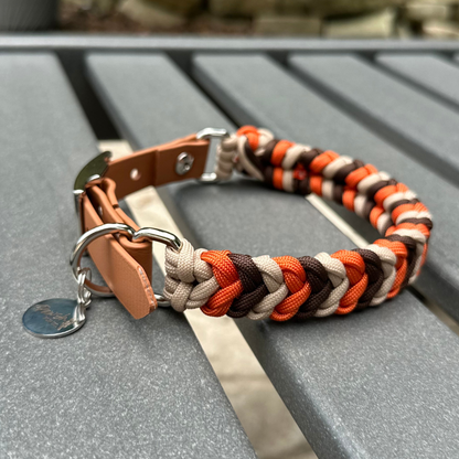 Brown, orange, and cream braided dog collar with light brown biothane strap and silver hardware