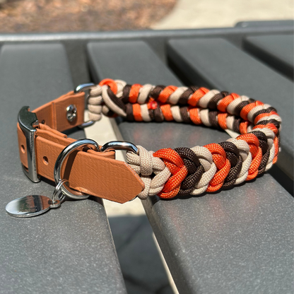 Brown, orange, and cream braided dog collar with light brown biothane strap and silver hardware