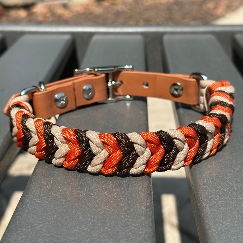 Brown, orange, and cream braided dog collar with light brown biothane strap and silver hardware