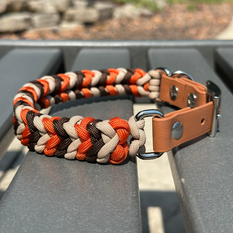 Brown, orange, and cream braided dog collar with light brown biothane strap and silver hardware