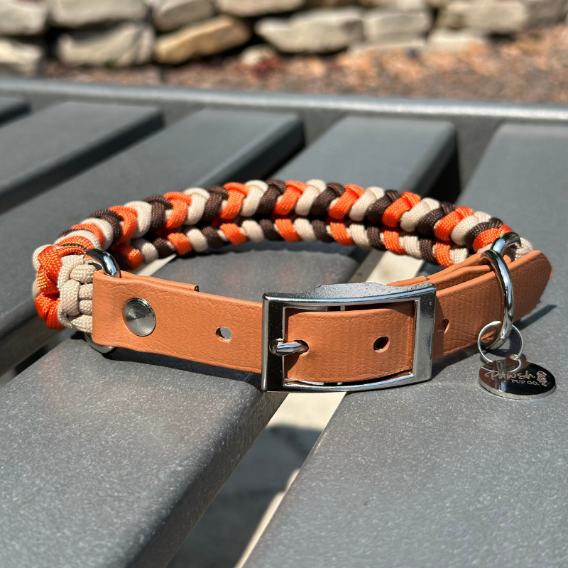 Brown, orange, and cream braided dog collar with light brown biothane strap and silver hardware