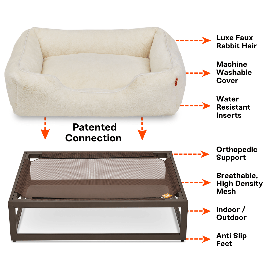 Dog bed with features highlighted on a white background