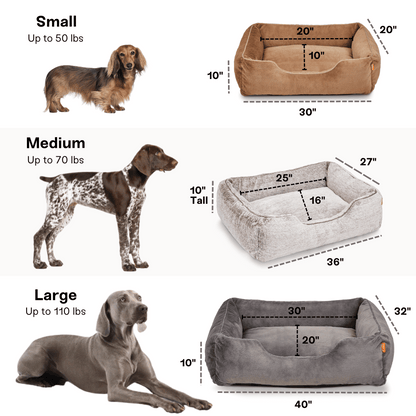 Dog bed size chart with small, medium, and large beds and corresponding dog illustrations.