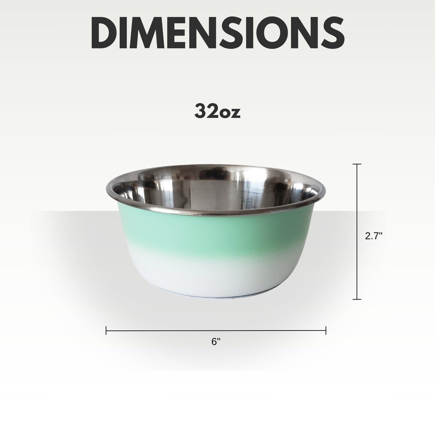 32oz stainless steel bowl with dimensions labeled on a white background