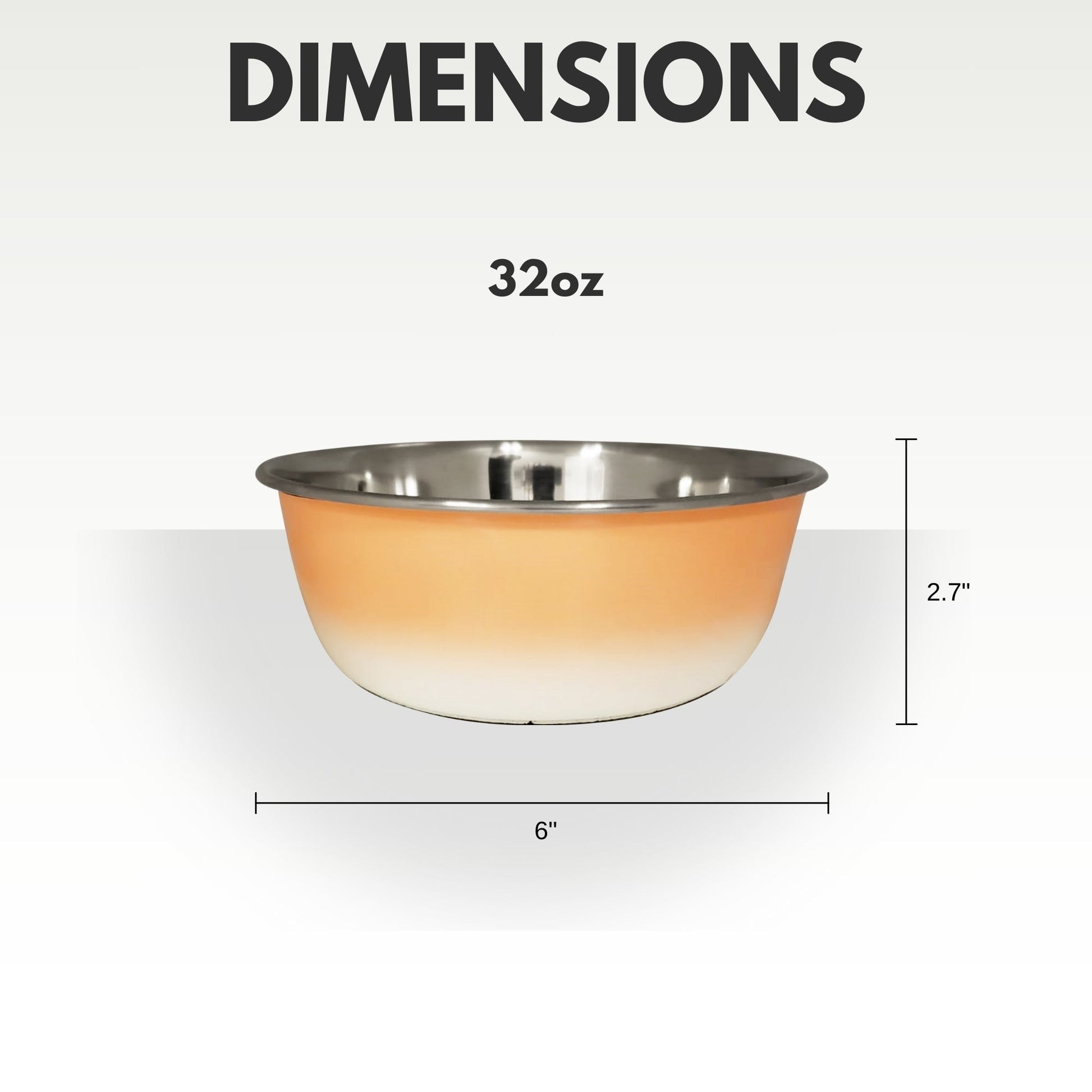Stainless steel bowl 32oz with dimensions labeled on a white background
