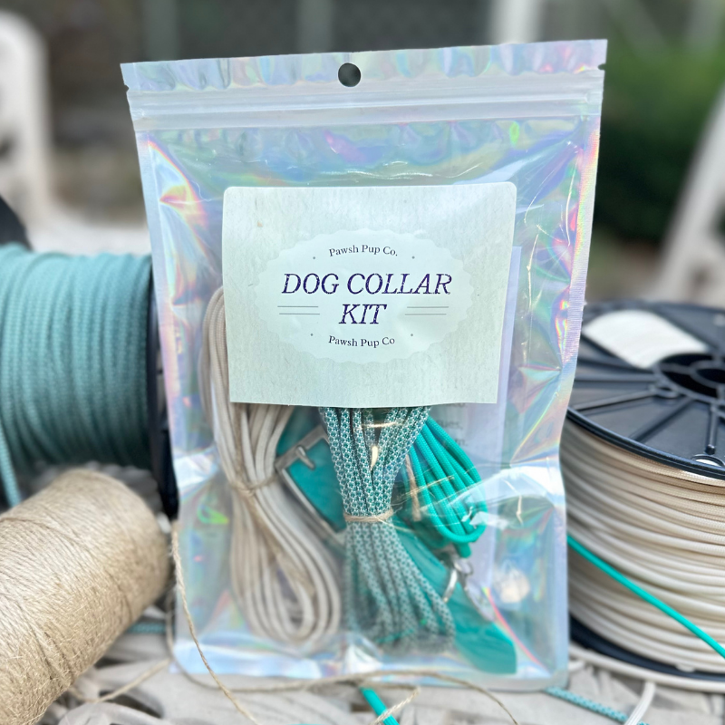DIY Dog Collar Craft Kit Package with spools of paracord in background