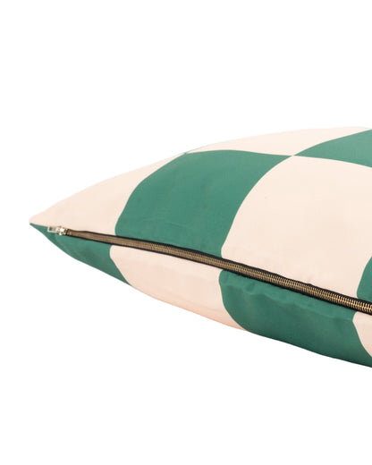 Green and beige striped pillow with a zipper on a white background