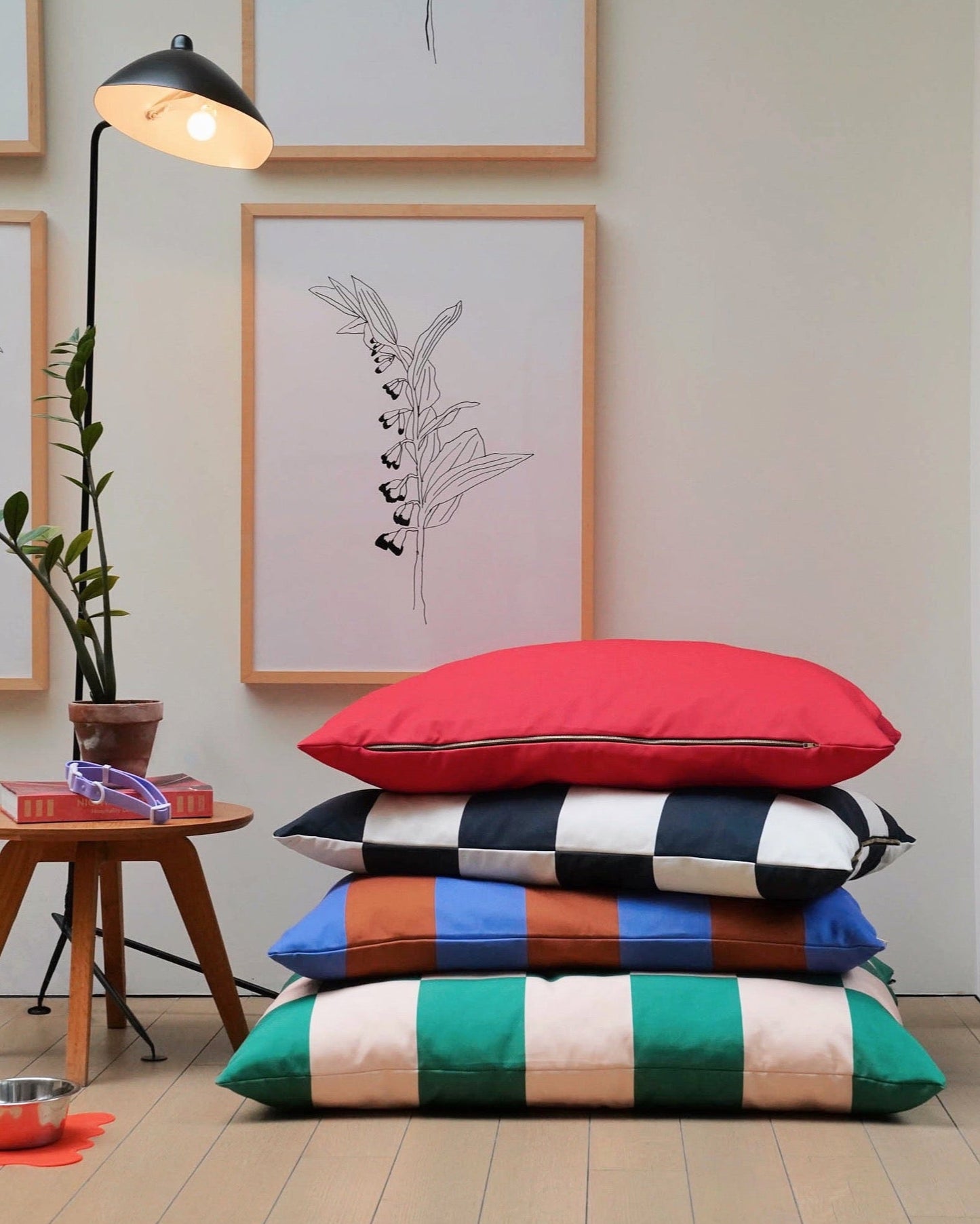 Stack of colorful dog pillow beds on a wooden floor with framed artwork and a lamp in the background.