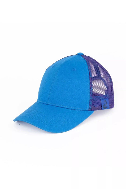 Blue baseball cap with blue mesh back on a white background