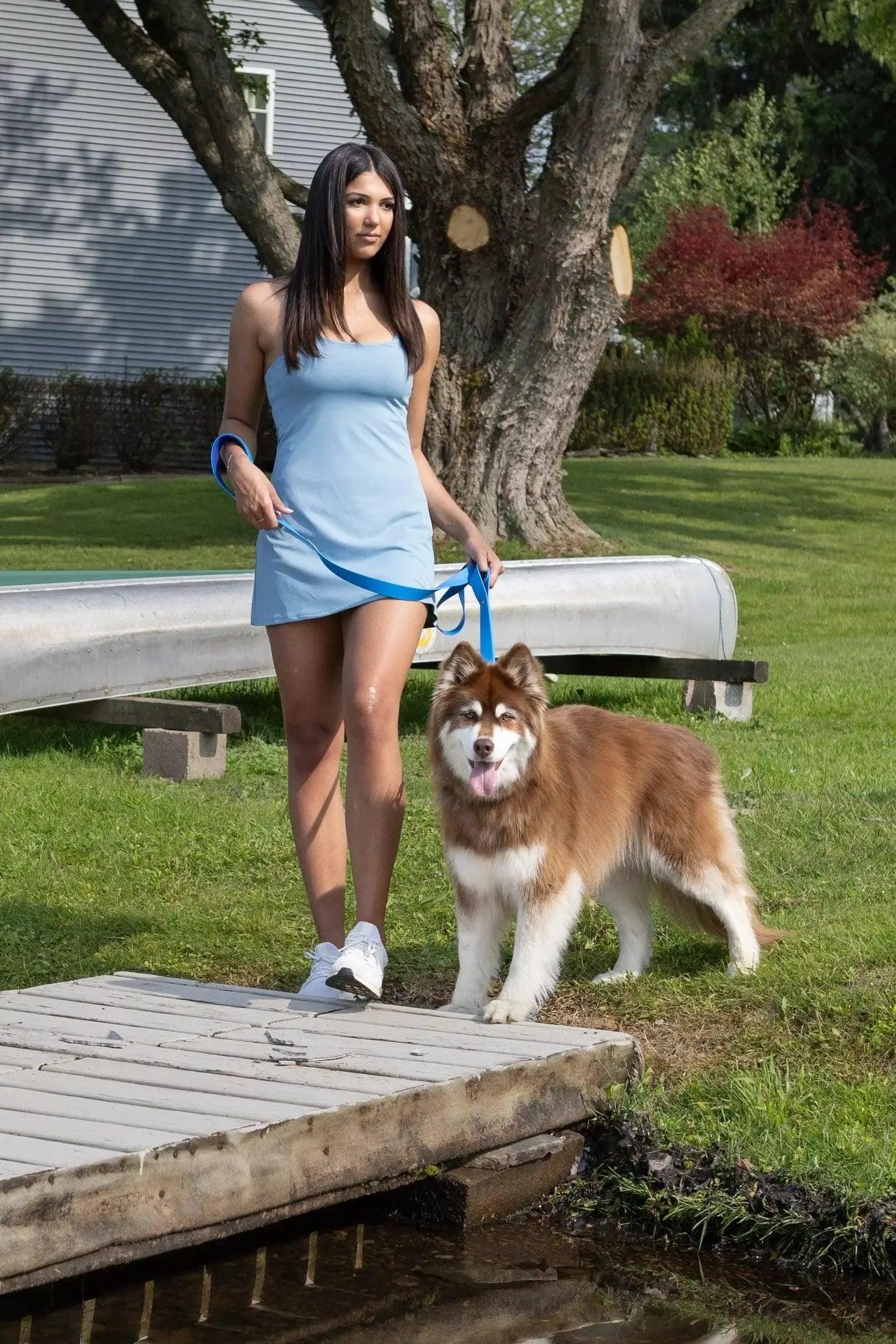 Woman in a light blue dress walking a dog on a leash in a park-like setting.