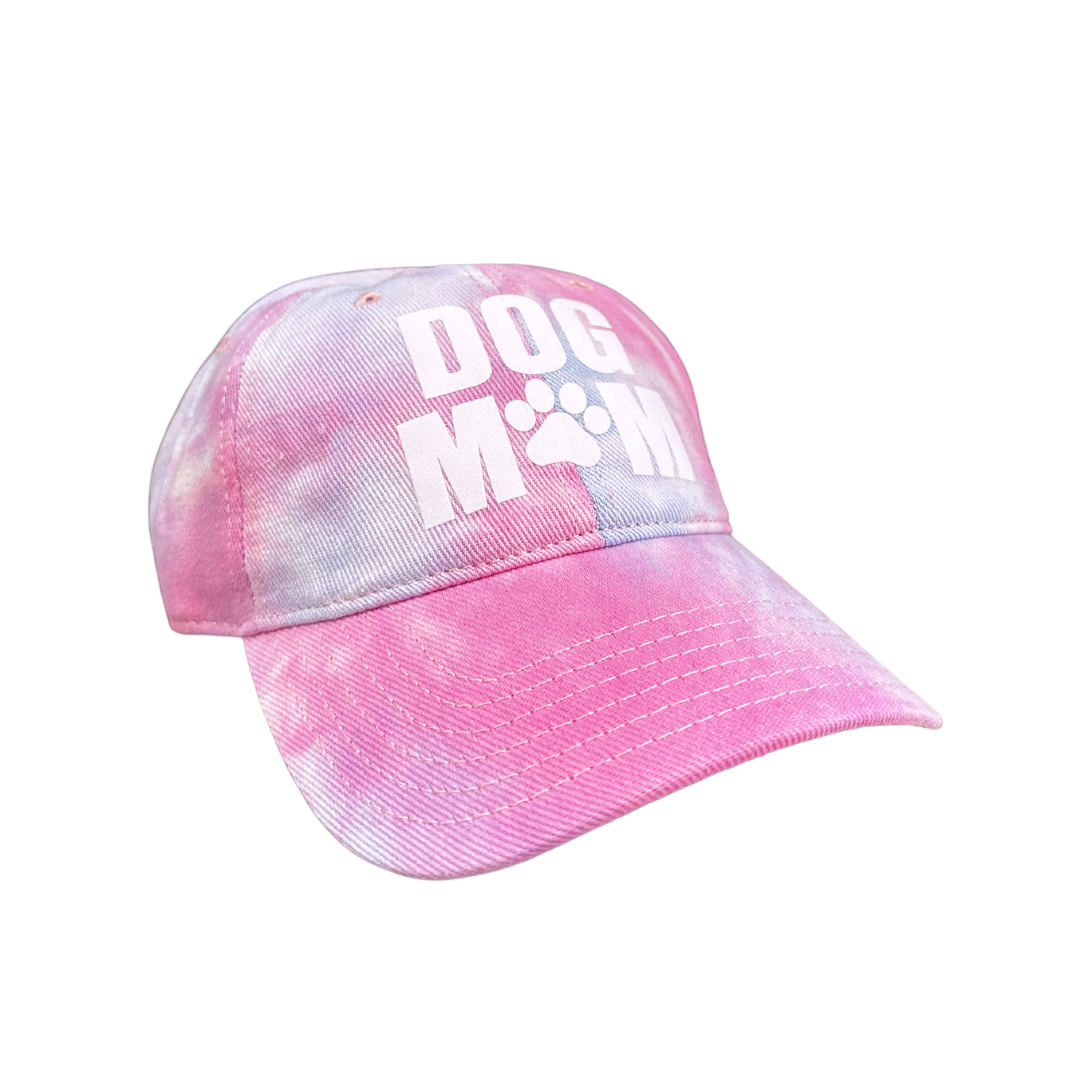 Pink and purple tie-dye cap with 'DOG MOM' text on a white background