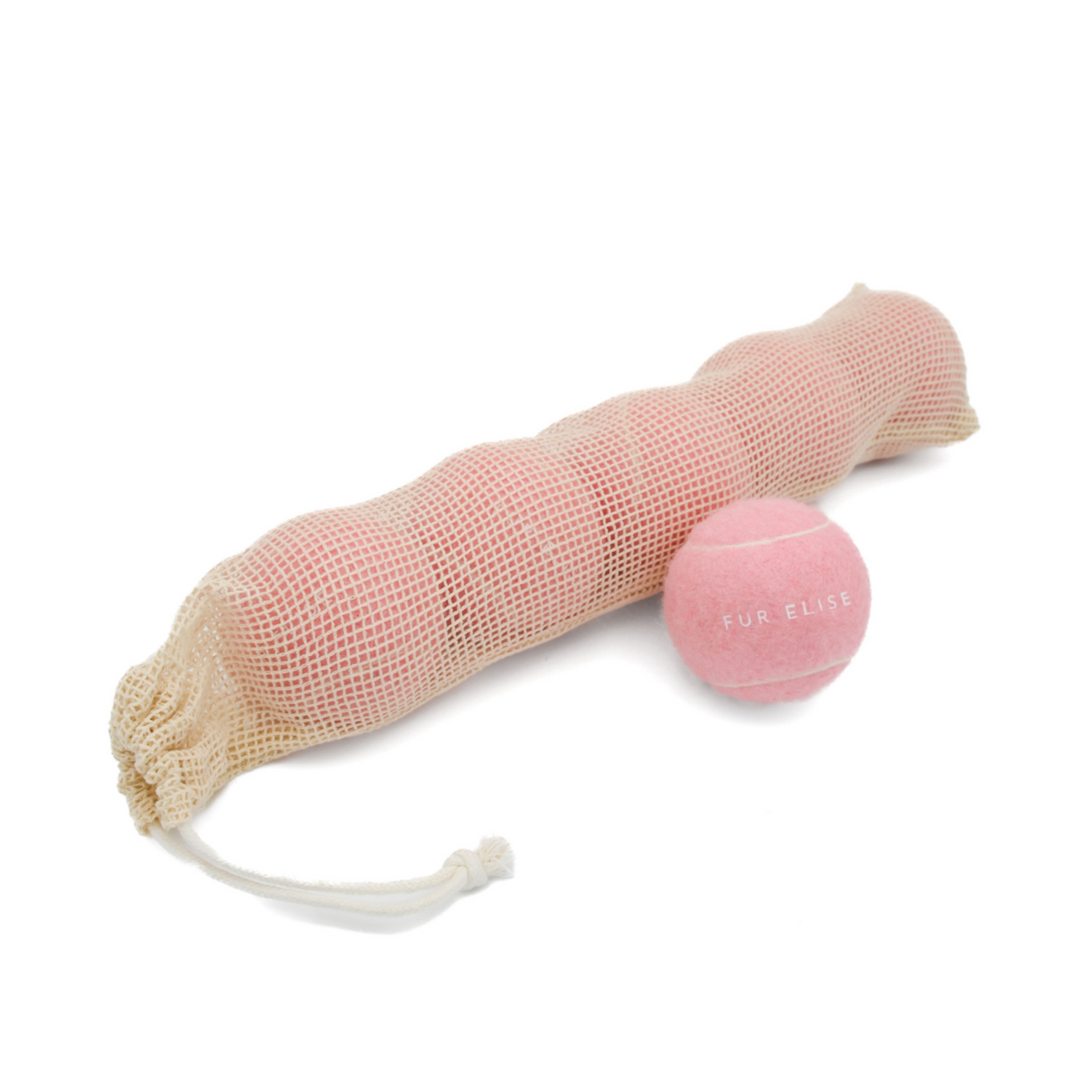 Pink mesh bag and pink ball with 'Fur Elly' branding on a white background