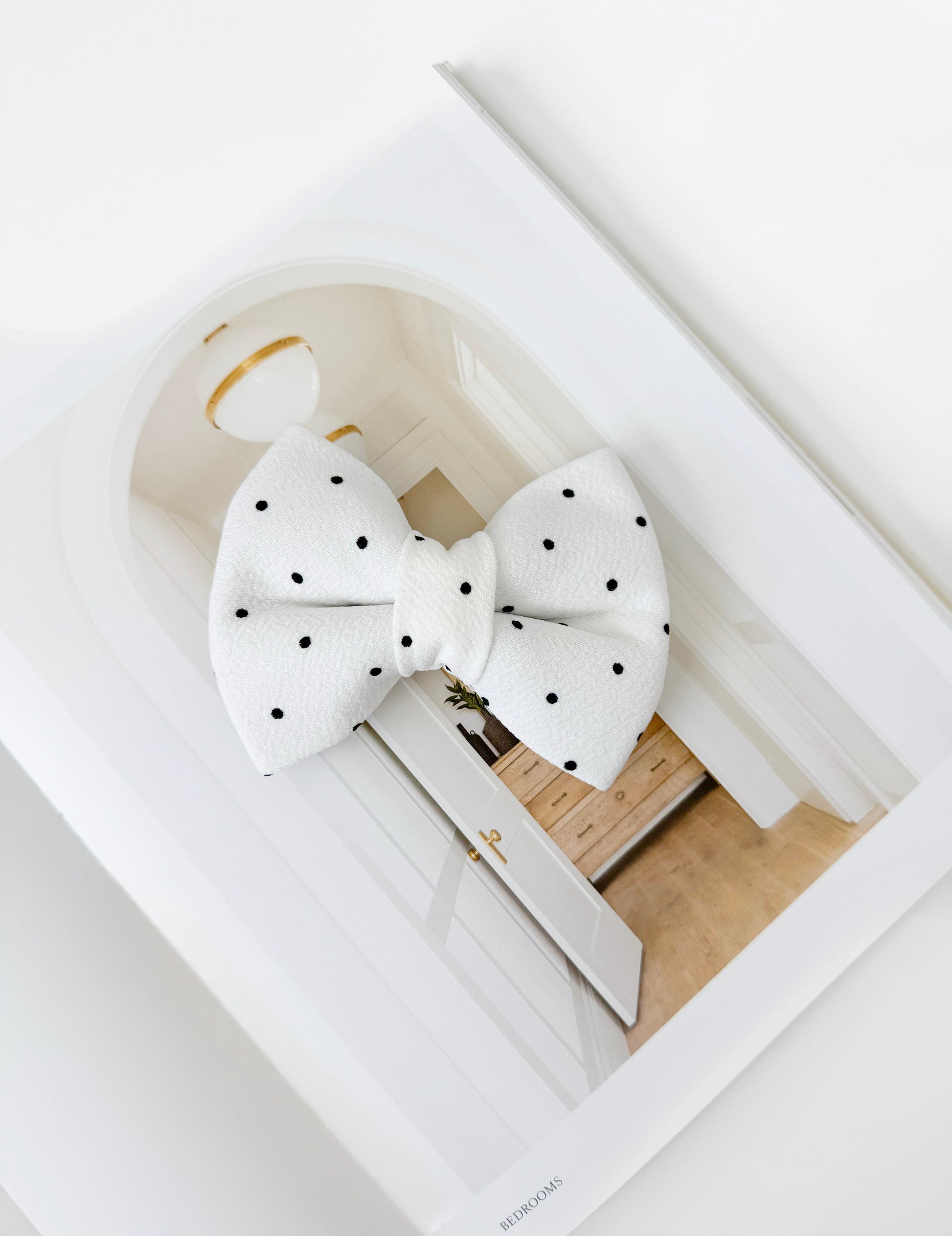 White polka dot bow on a white surface