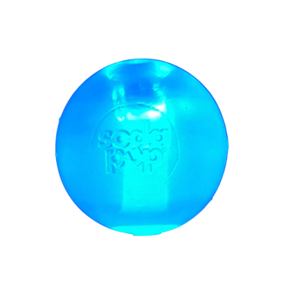 Blue translucent dog ball toy with 'SodaPup' text on a white background