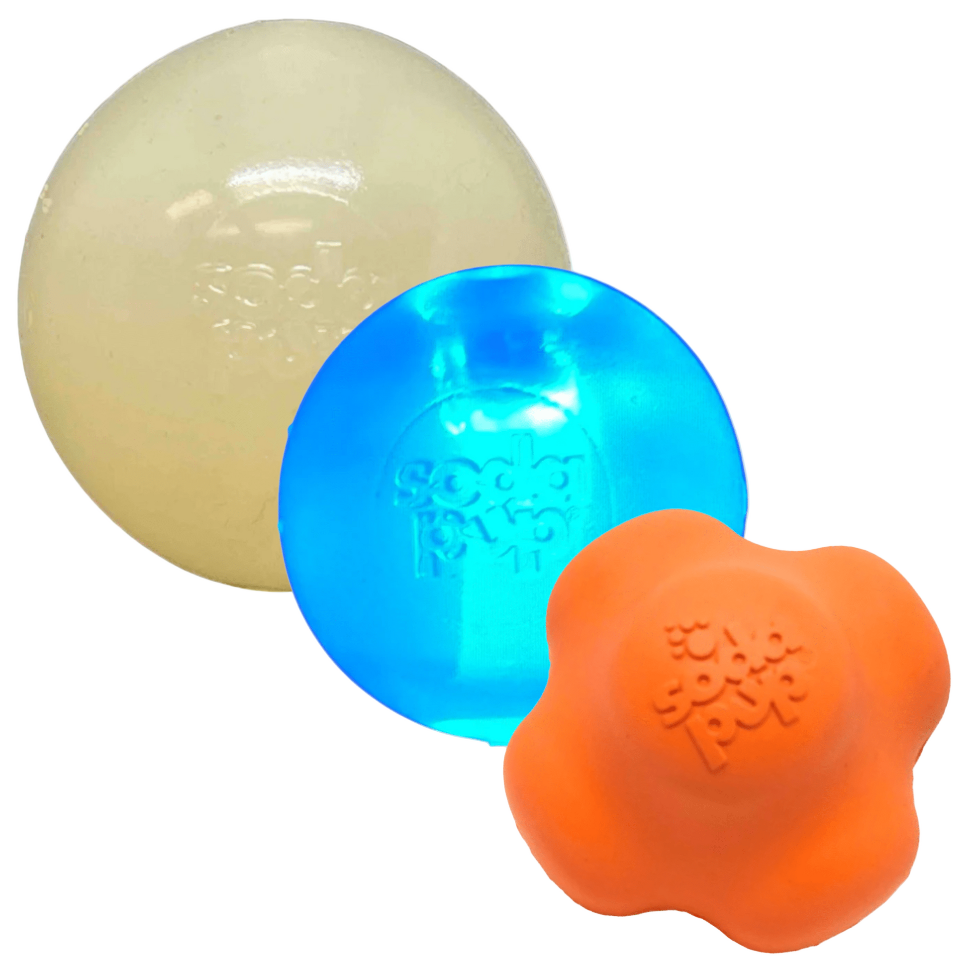 Three colorful rubber dog toy balls on a white background