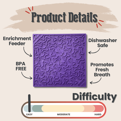 Purple textured dog lick mat with text detailing features and ease of use on a beige background