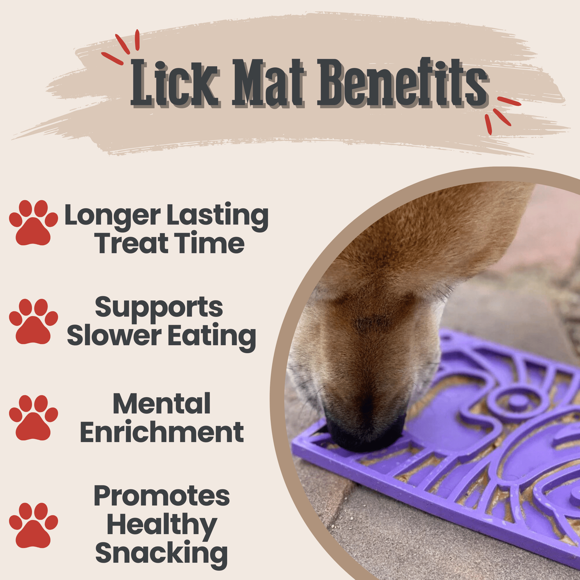 Lick mat benefits with a dog using a purple lick mat on a beige background