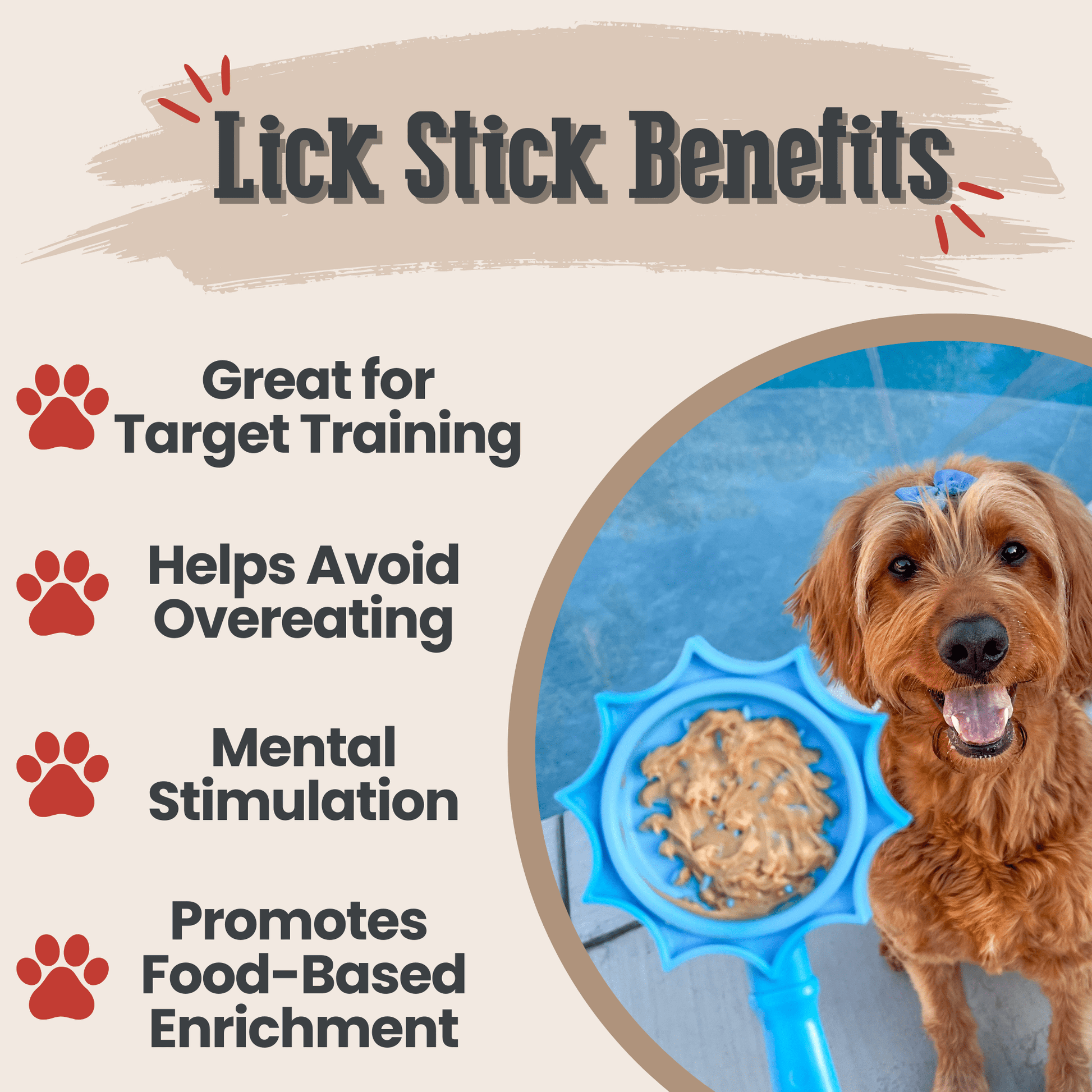 Dog using a blue lick stick with text highlighting benefits on a beige background