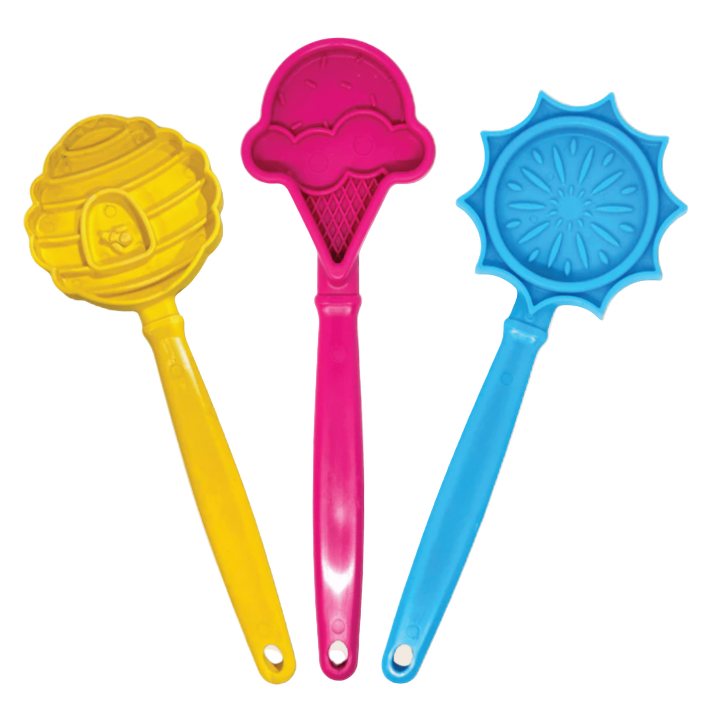 Three colorful dog lick sticks on a white background