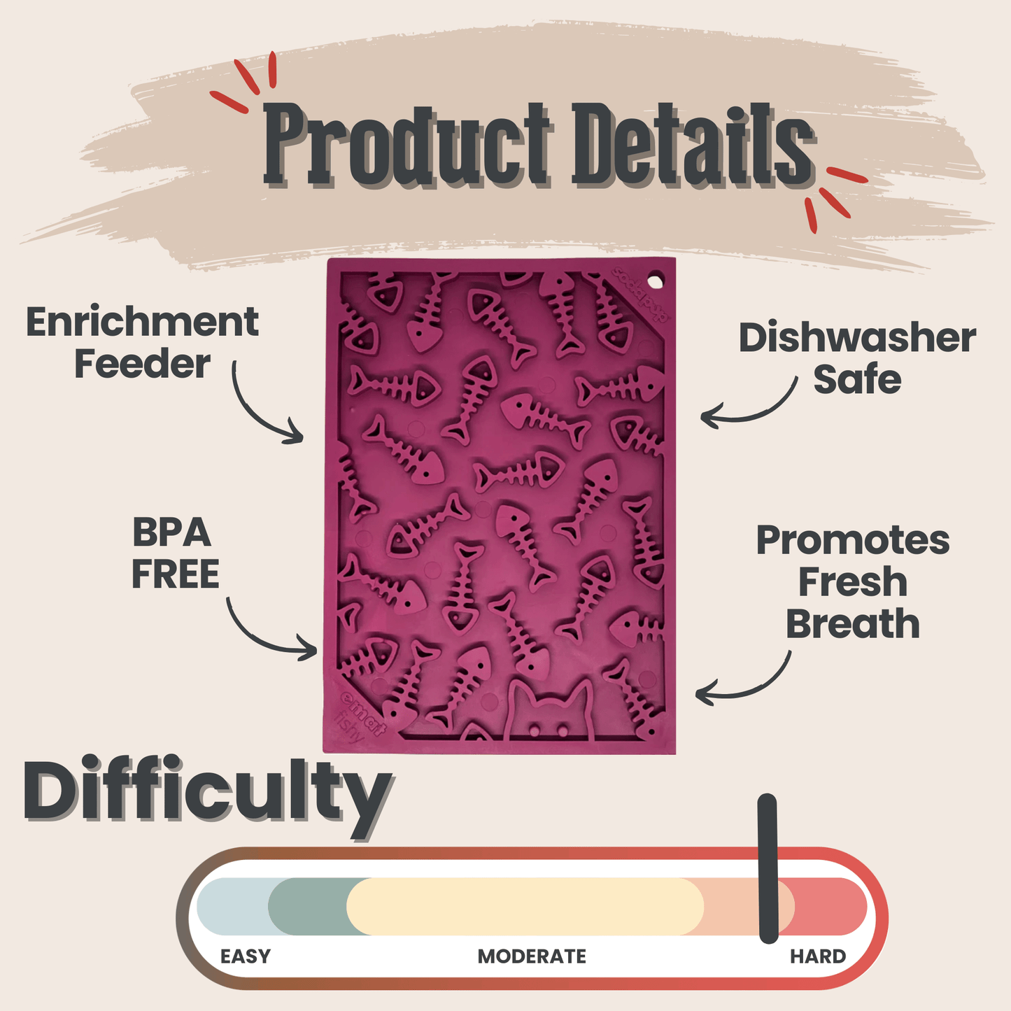 Product details of a purple enrichment feeder with features and difficulty rating on a beige background.
